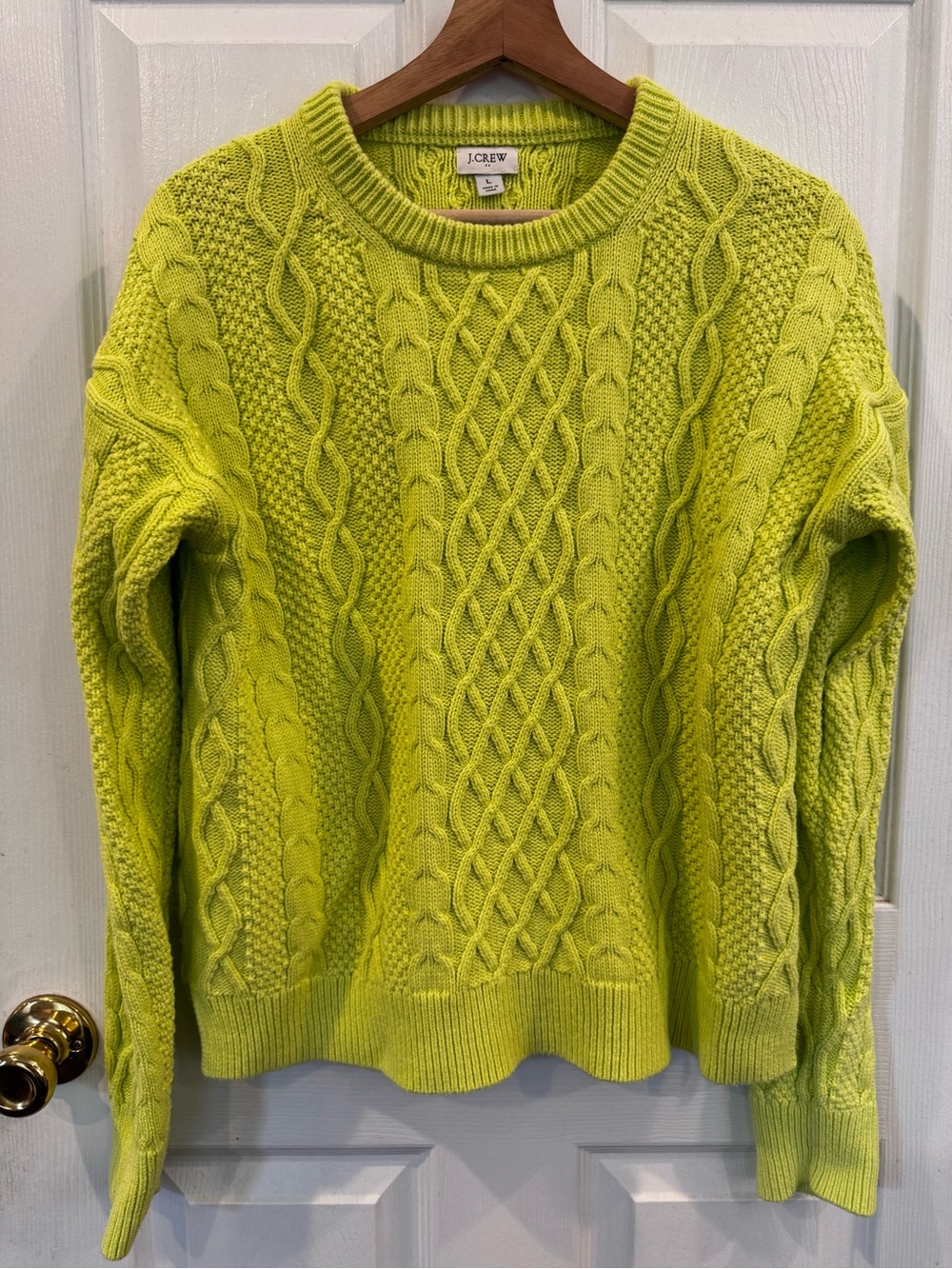 J.Crew Lime Green 100% Cotton Cable Knit Crewneck Sweater Preppy Coastal Size L